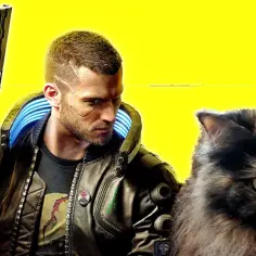 Cyberpunk kot z pistoletem i cybernetycznym ramieniem obok futrzastego towarzysza.