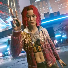 Kobieta z tatuażem na klatce piersiowej i czerwoną fryzurą pokazuje znak pokoju. Dowiedz się, jak zainstalować mody do Cyberpunk 2077, aby odmienić swoje doświadczenia.
