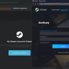 Na stronie Skinport widać okno logowania do Steam, brak połączonego konta Steam.