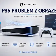 Konsola PS5 z kontrolerem i monitorem z komunikatem "Brak sygnału". Serwis Game Box oferuje diagnostykę i naprawę problemów z obrazem.