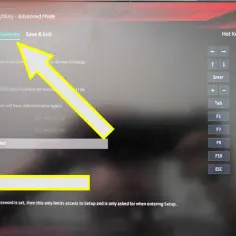 Ekran BIOS z opcją "Secure Boot" zaznaczoną strzałką. Ustawienia bezpieczeństwa systemu.