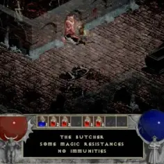 Klasyczna scena z gry RPG: bohater walczy z Rzeźnikiem. W tle mroczne lochy i skrzynia.