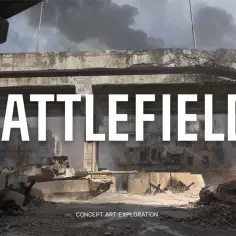 Konceptualna eksploracja Battlefield 2042 single player: zniszczone miasto, czołg i dymiące ruiny pod mostem.