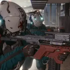 Cyberpunkowy żołnierz w białym hełmie z czerwonym krzyżem trzyma futurystyczny karabin. Jak schować broń cyberpunk?