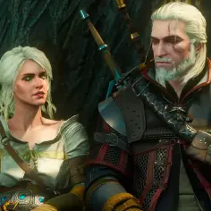 Geralt i Ciri, bohaterowie jednych z najlepszych gier RPG, siedzą obok siebie w lesie.