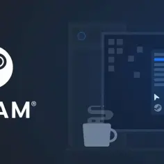 Logo Steam i ekran komputera z interfejsem. Prowizja Steam rynek jest tu widoczna w tle.
