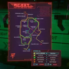 Mapa NCART w cyberpunk mieście, pokazująca trasy metra i stacje.