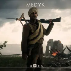 Medyk w grze **battlefield battle royale** przygotowuje się do walki na zrujnowanym polu bitwy.