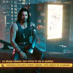 Johnny Silverhand na dachu, rozważa **cyberpunk zakończenia**. Miasto nocą, neonowe światła.
