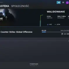 Interfejs Steam z grą Counter-Strike: Global Offensive, pokazujący walidację plików i postęp pobierania.