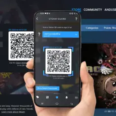 Dłoń trzyma smartfon z aplikacją Steam Guard, skanując kod QR na ekranie logowania Steam.