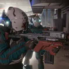 Trzej medycy w kombinezonach i hełmach, jeden z karabinem, gotowi do akcji w świecie Cyberpunk 2077 online.
