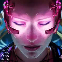 Twarz kobiety z różowymi implantami i kablami, otoczona neonowym blaskiem. To kwintesencja tego, co to cyberpunk: połączenie technologii i ludzkiego ciała.