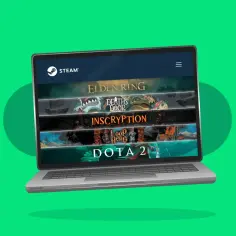 Laptop wyświetla gry ze Steam: Elden Ring, Death's Door, Inscryption, Loop Hero i Dota 2. Czy Steam jest darmowy? Tak, platforma jest darmowa, gry kupujesz osobno.