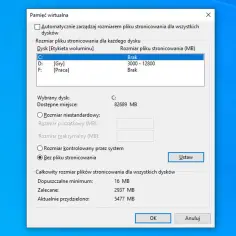 Ustawienia pliku stronicowania w Windows 11. Dysk C ma ustawiony rozmiar 3000-12800 MB.