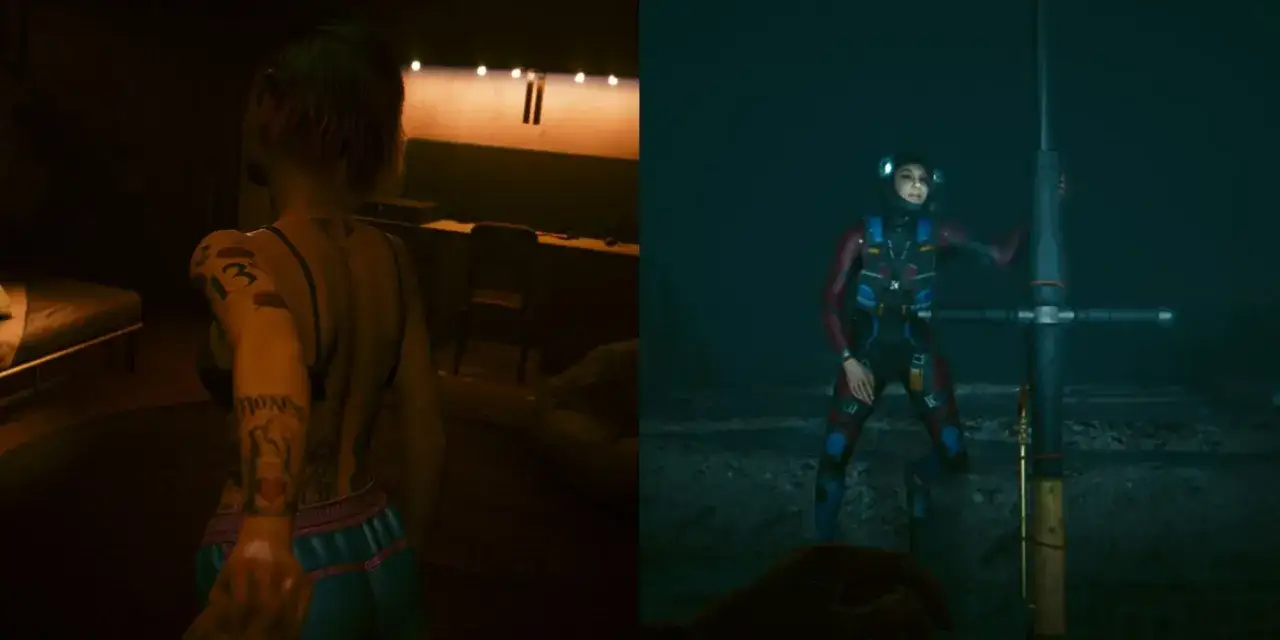 Dwie sceny: kobieta z tatuażami w ciemnym pokoju i postać w skafandrze w mrocznym, podwodnym świecie. To cyberpunk w topieli.