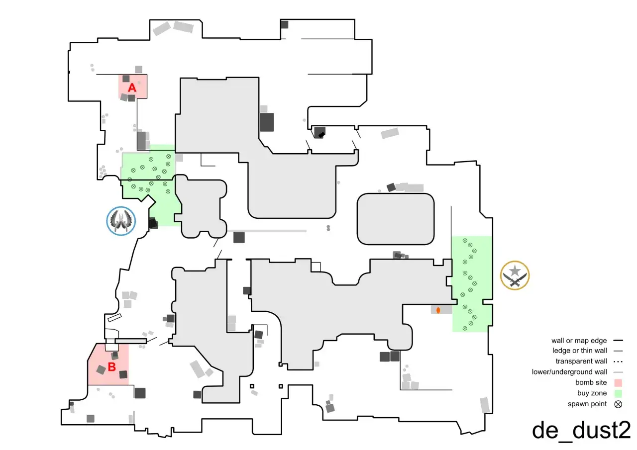 Mapa taktyczna de_dust2 z zaznaczonymi strefami A i B, punktami odrodzenia i strefami zakupu.