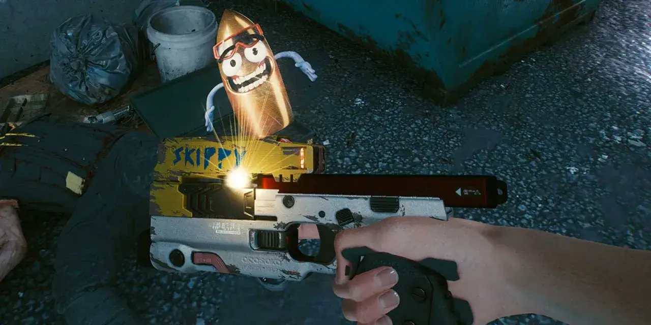 Ręka trzyma broń z napisem SKIPPY. Obok leży ciało, a nad bronią unosi się kreskówkowa kula. To świat skippy cyberpunk.
