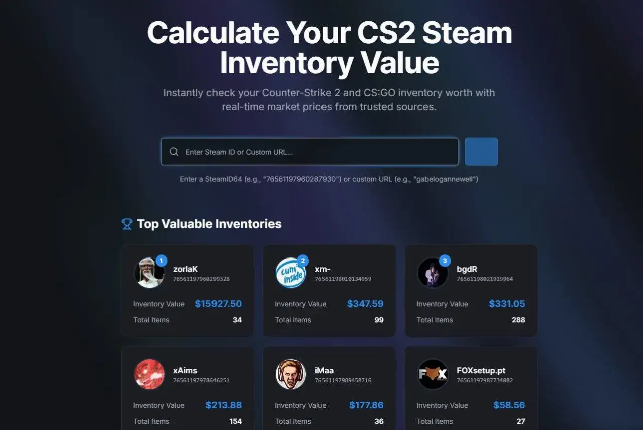 Sprawdź wartość konta Steam w CS2. Zobacz, jak wysoka jest wartość Twojego ekwipunku CS:GO i CS2 dzięki aktualnym cenom rynkowym.
