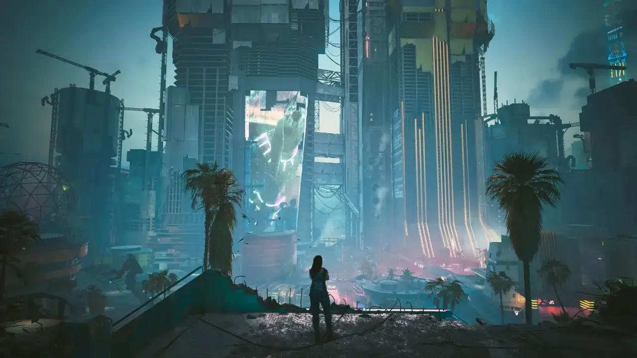 Sylwetka kobiety na tle neonowego miasta przyszłości. Widok na futurystyczne wieżowce i palmy, jak z gry cyberpunk 2077 online.