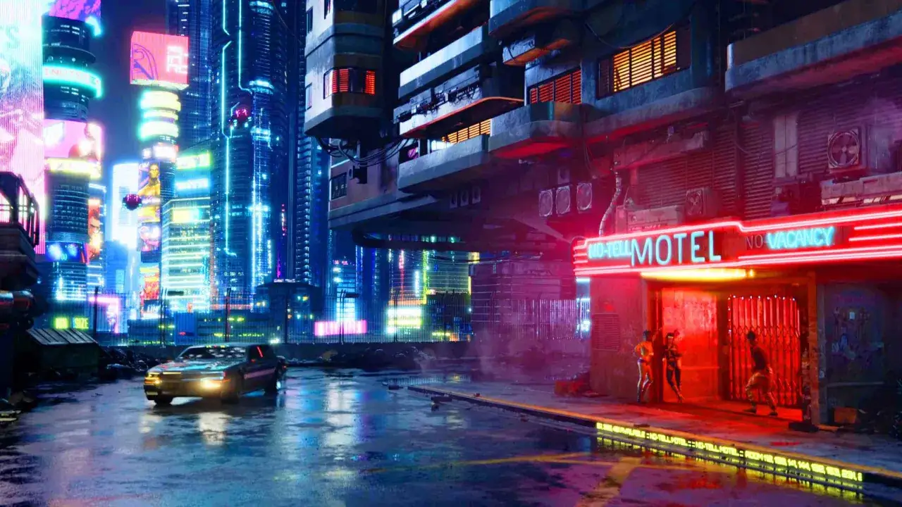 Nocne, deszczowe cyberpunk miasto. Neonowy motel 