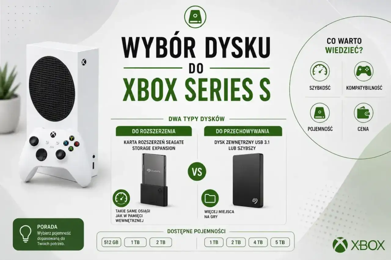 Jaki dysk do Xbox Series S? Porównanie karty Seagate Storage Expansion i dysku zewnętrznego USB 3.1. Wybierz pojemność dopasowaną do potrzeb.