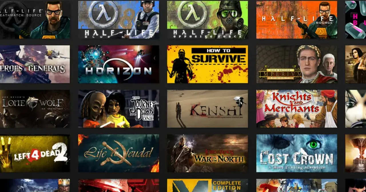 Kupowanie gier na Steam jest proste. Zobacz okładki gier takich jak Half-Life, Left 4 Dead 2, Horizon, Kenshi i innych.