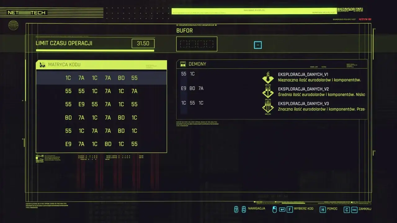 Interfejs NetTech z matrycą kodu, buforem i listą demonów. Widać tu sekcje z danymi, które mogą być kluczowe dla rozgrywki w świecie cyberpunk kody.
