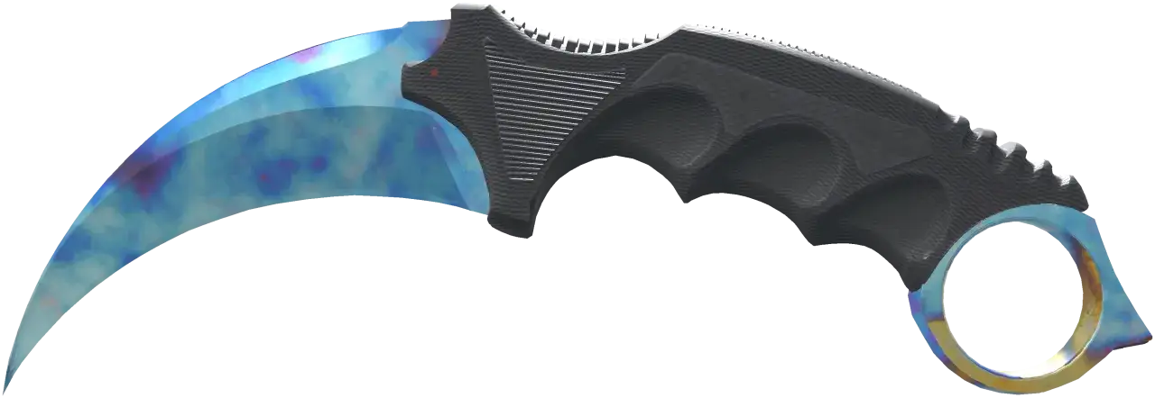 Karambit z CS:GO z niebiesko-fioletowym wzorem na ostrzu, przypominającym galaktykę. To najdroższy karambit CS GO, marzenie każdego gracza.