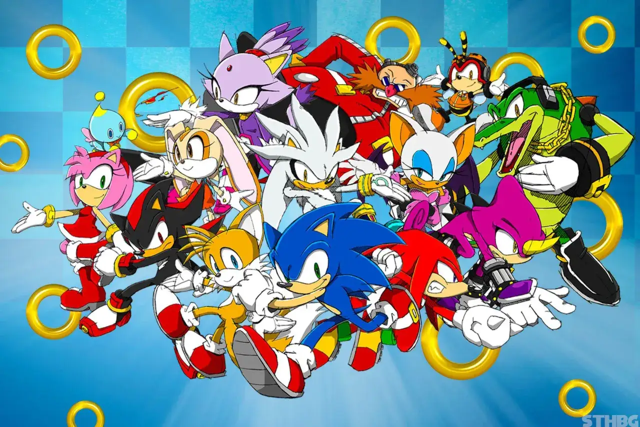 Wesoła gromada postaci z gry Sonic, w tym sam Sonic, Tails, Knuckles i inni. Ile lat ma Sonic? To pytanie, na które fani szukają odpowiedzi od lat!