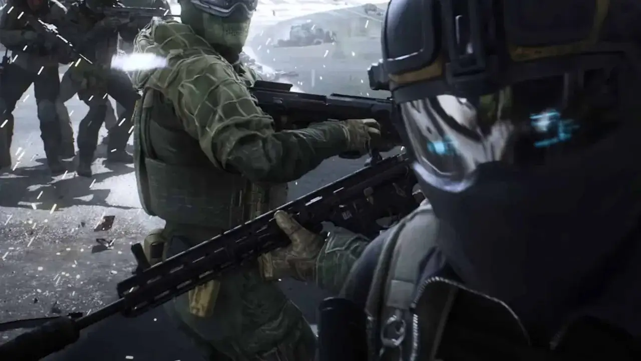 Żołnierze w akcji w grze Battlefield 2042 single player. W tle widać innych graczy i wybuchy.