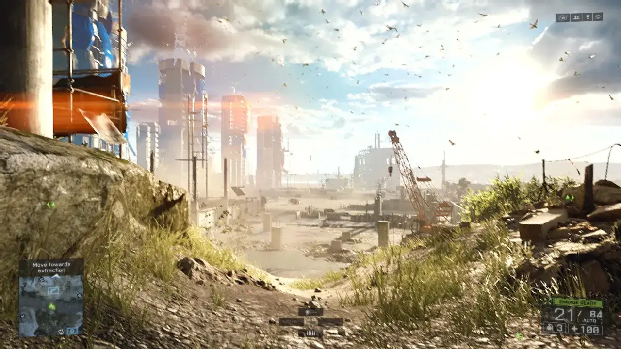 Scena z gry Battlefield 4 kampania: zniszczone miasto, wieżowce w budowie, dźwig, kurz i ptaki na niebie.