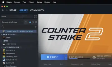 Na ekranie Steam na macOS widać pobieranie gry Counter-Strike 2.