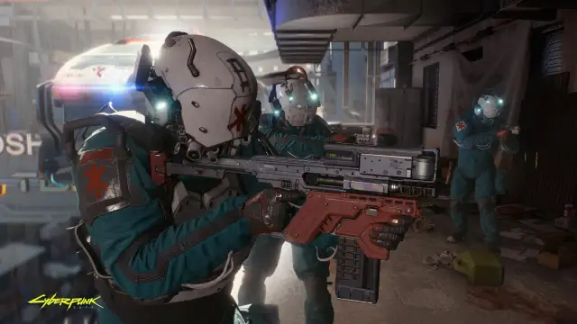 Trzej medycy w kombinezonach i hełmach, jeden z karabinem, gotowi do akcji w świecie Cyberpunk 2077 online.